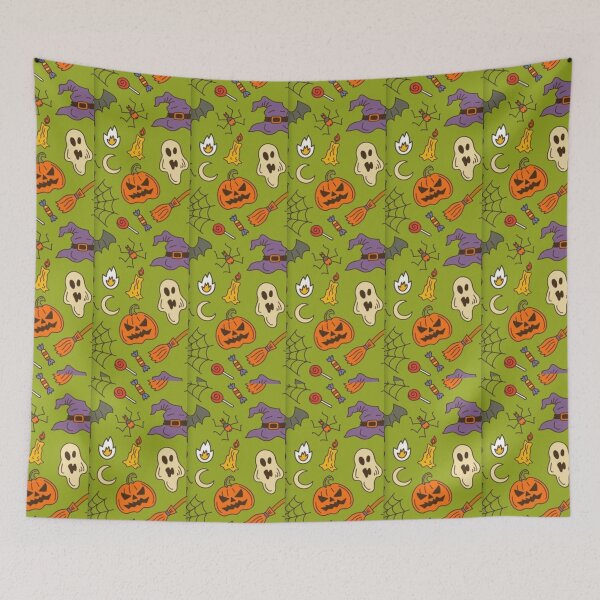 Item preview, Green, Orange, purple, cute Halloween watercolor pattern, boo, witch, candy, bat, witch hat, pumpkin, latest Halloween bestselling, trending designed and sold by August-E.