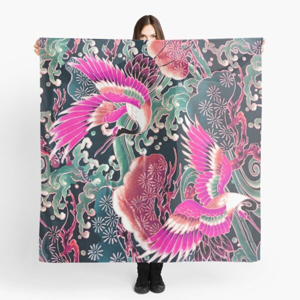 Oversized Silk Scarf with Japanese Floral Print