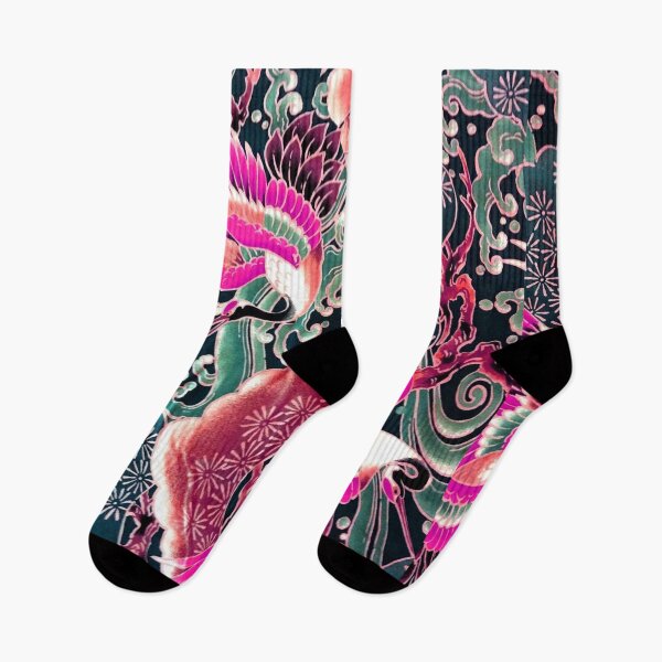 Item preview, PINK FUCHSIA FLYING CRANES ,FLOWERS, SEA WAVES  BLUE GREEN FLORAL designed and sold by BulganLumini.
