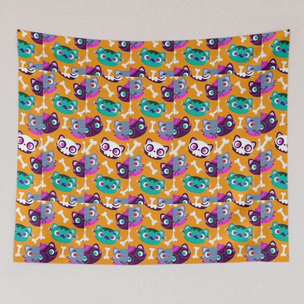 Item preview, Witch cats, white, Orange, purple, cute Halloween watercolor pattern, boo, witch, candy, bat, witch hat, pumpkin, latest Halloween bestselling, trending designed and sold by August-E.