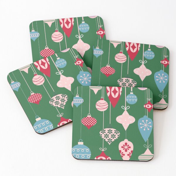 Item preview, Retro Red Blue Pink Purple Christmas Ornaments on Green Background designed and sold by ShajenDesigns.