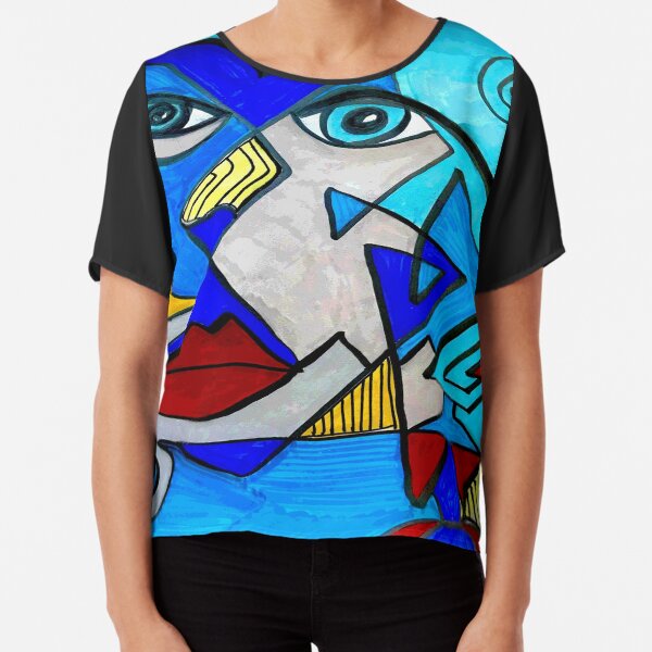 Abstract Blue Face Chiffon Top
