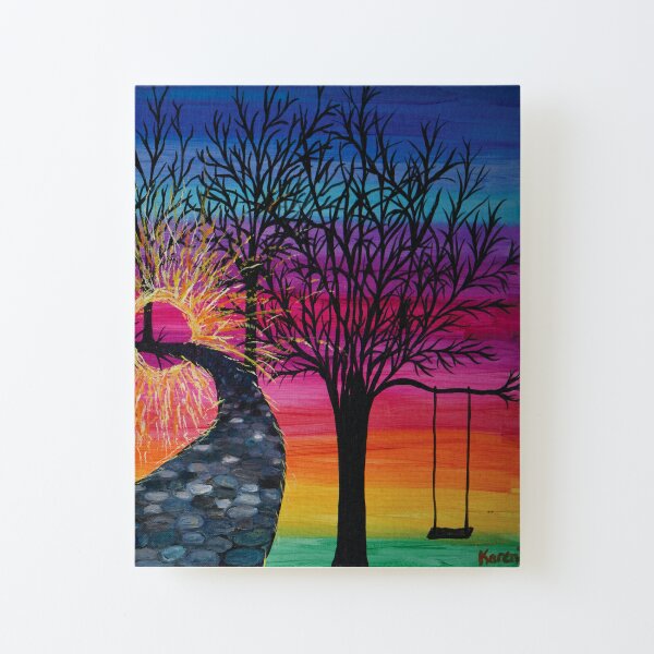 Path to the Light - Rainbow Sky - Tree with Childs Swing by Karen Kubicko Canvas Mounted Print