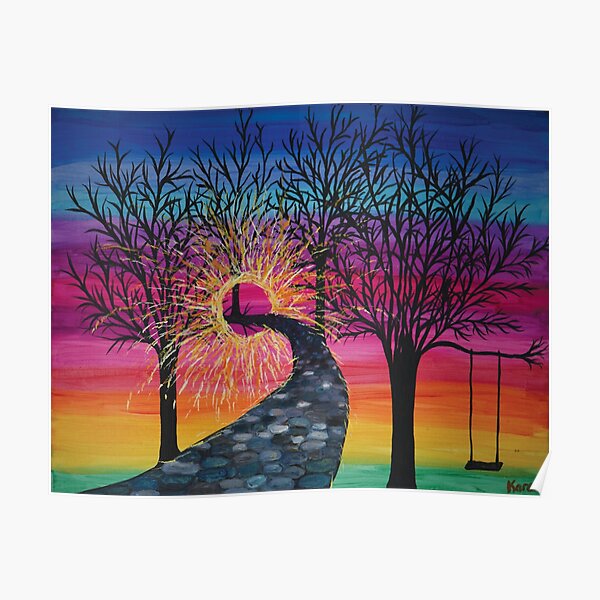 Path to the Light - Rainbow Sky - Tree with Childs Swing by Karen Kubicko Poster
