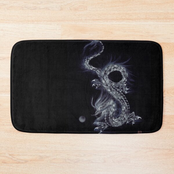 Item preview, Artistic design of an asian fire dragon with his Pearl of Wisdom grey on black art print designed and sold by AwenArtPrints.