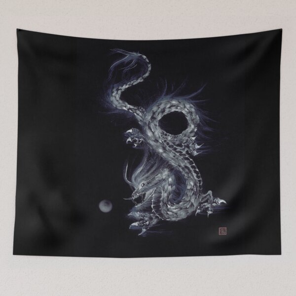 Item preview, Artistic design of an asian fire dragon with his Pearl of Wisdom grey on black art print designed and sold by AwenArtPrints.