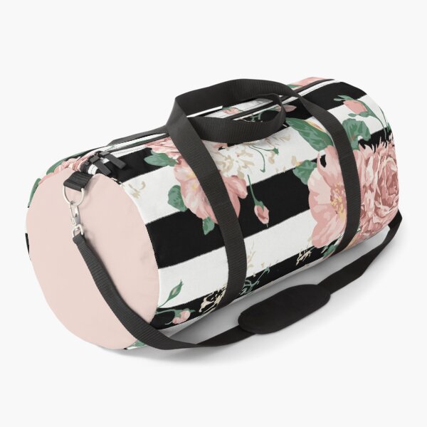 VINTAGE FLORAL ROSES BLACK AND WHITE STRIPES Duffle Bag