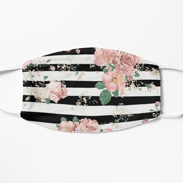 VINTAGE FLORAL ROSES BLACK AND WHITE STRIPES Flat Mask