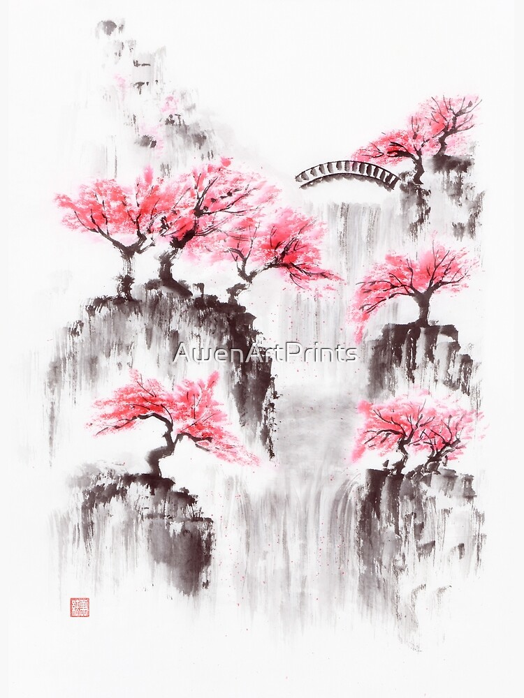 chinois paysage La peinture Cerise fleur impression art, Japonais