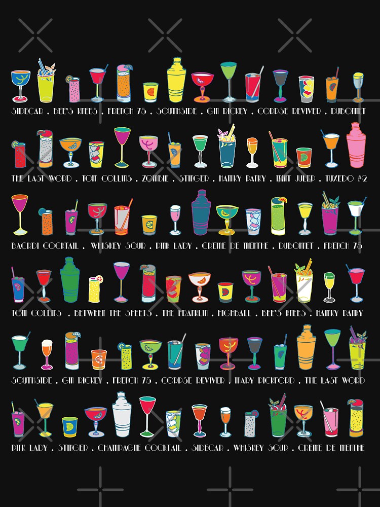 Line em Up! - Prohibition Cocktails pattern on black by Cecca Designs by Cecca-Designs