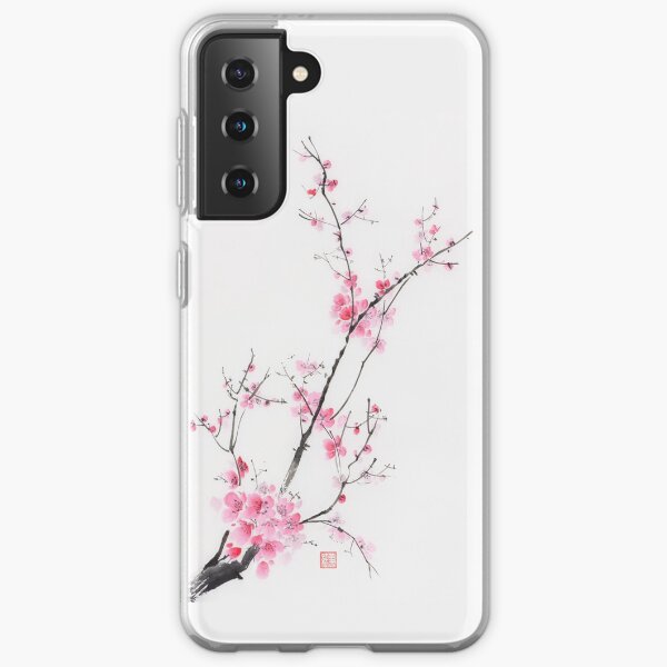 Elegant branch of cherry blossom with pink flowers on white Oriental sumi-e painting art print Samsung Galaxy Soft Case