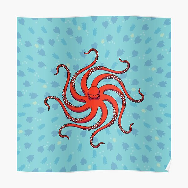 Hypnotic Octopus Red & Fish Poster