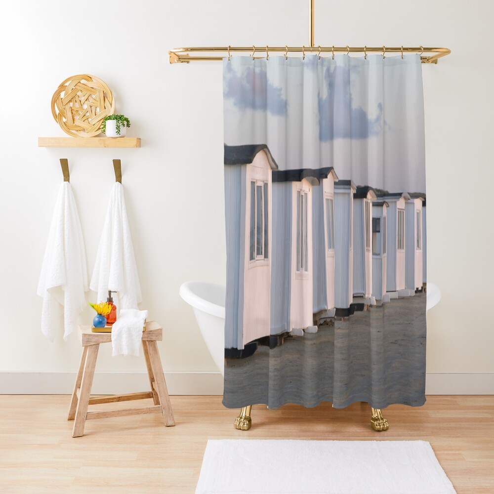 "White beach huts on the golden sand at sun set" Shower Curtain for