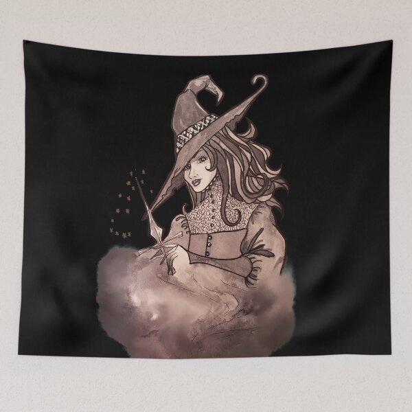 Item preview, Halloween Witch with Blade doing witchcraft in vintage sepia  designed and sold by Jetgirlcomet.