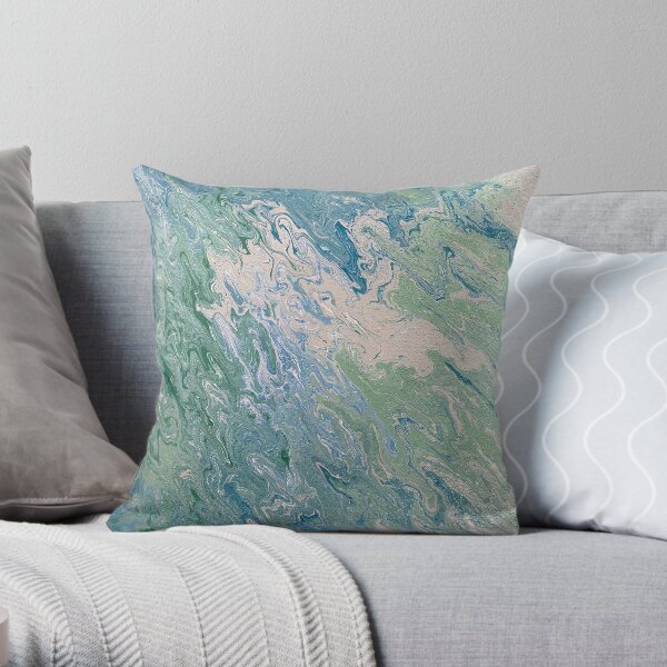 Turquoise, Green and Blue Pour Painting Throw Pillow