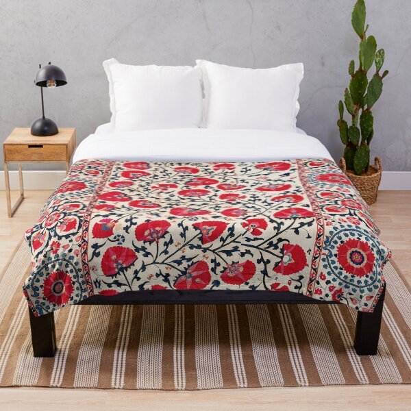 Shakhrisyabz Suzani Uzbekistan Floral Embroidery Print Throw Blanket