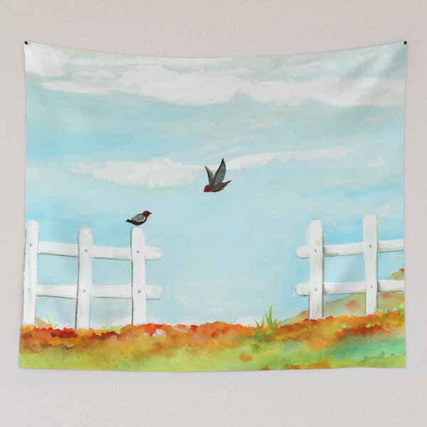 Item preview, Watercolor Fence And Birds Landscape designed and sold by Vector Scout Lab.
