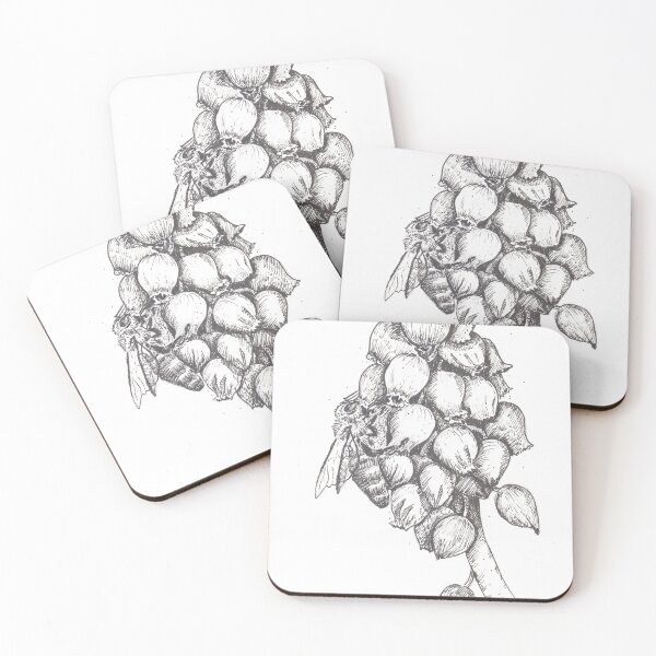 Item preview, Black and white graphic drawing or illustration of Muscari flower and a bee  designed and sold by Bellefotos.