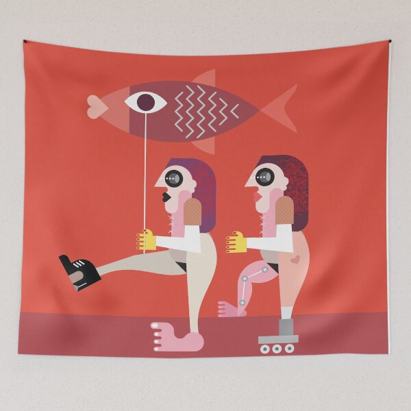 Item preview, Two Nude Women with a Big Fish - culture women art modern abstract painting designed and sold by randomorder.