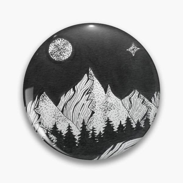 Item preview, Hand inked draw of forest with mountains under the night sky with full moon and northern light designed and sold by schtroumpf2510.
