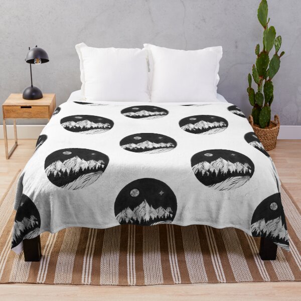 Item preview, Hand inked draw of forest with mountains under the night sky with full moon and northern light designed and sold by schtroumpf2510.