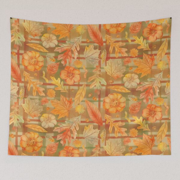 Item preview, Watercolor Autumn Leaves with plaid background designed and sold by Jacqueline Maldonado.