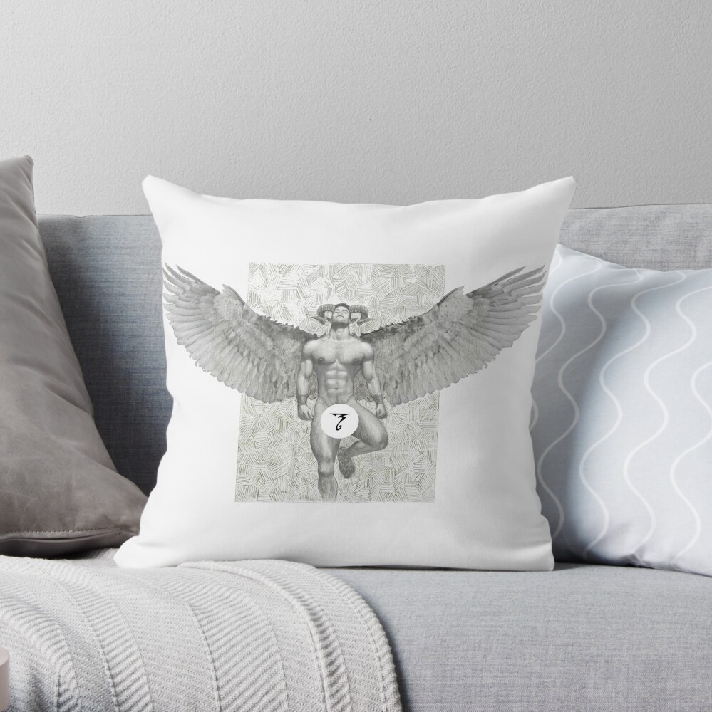 Naked muscular man covering crotch with shirt Throw Pillow