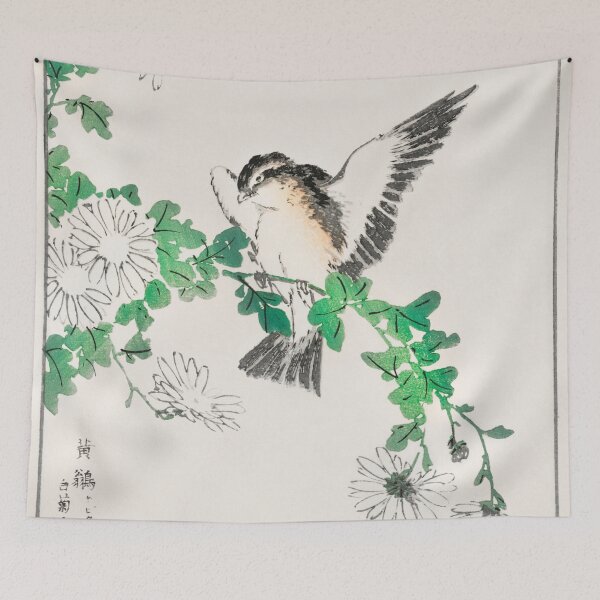 Item preview, narcissus flycatcher and chrysanthemum illustration 28511020787 designed and sold by Bird-Lore.