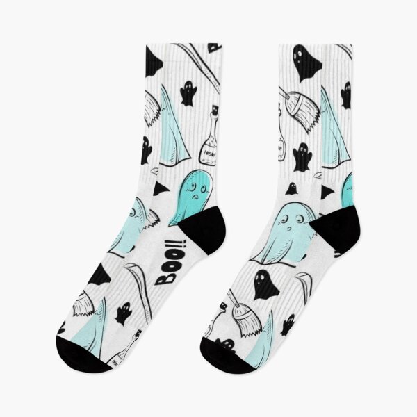 Item preview, Boo monsters, black, blue, white, cute Halloween watercolor pattern, boo, witch, candy, bat, witch hat, pumpkin, latest Halloween bestselling, trending designed and sold by August-E.