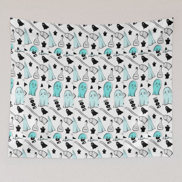 Item preview, Boo monsters, black, blue, white, cute Halloween watercolor pattern, boo, witch, candy, bat, witch hat, pumpkin, latest Halloween bestselling, trending designed and sold by August-E.