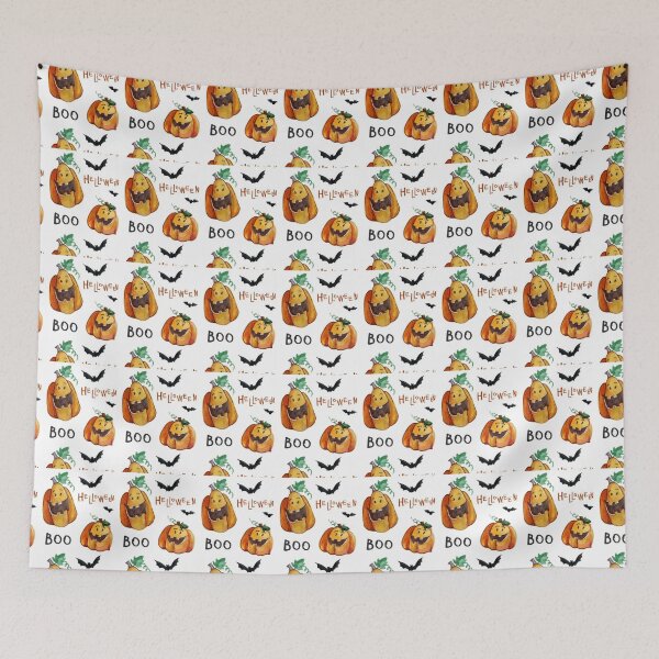 Item preview, Helloween boo, Black, white, Orange, cute Halloween watercolor pattern, boo, witch, candy, bat, witch hat, pumpkin, latest Halloween bestselling, trending designed and sold by August-E.