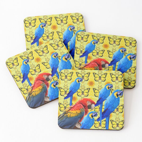 Item preview, TROPICAL RED & BLUE MACAWS ON YELLOW BUTTERFLY PATTERN ART designed and sold by sharlesart.