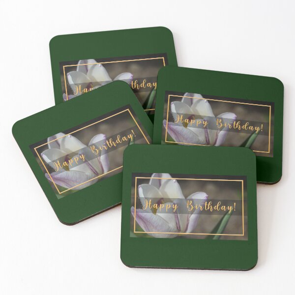 Item preview, Happy birthday card Flower White tulip Gold color text designed and sold by aloresarts.