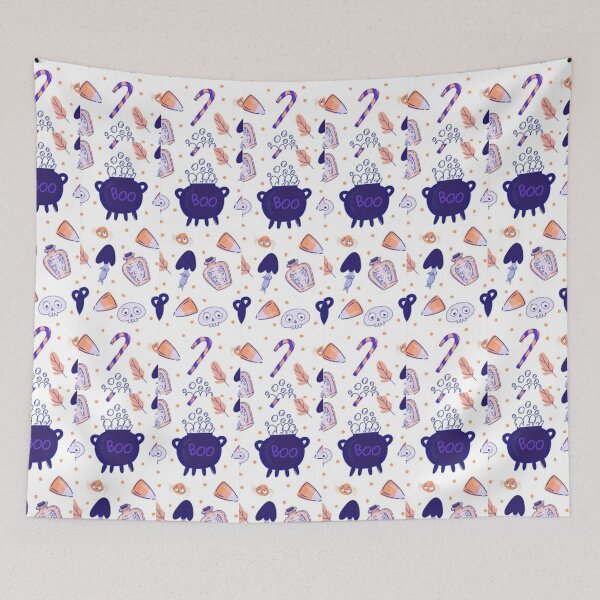 Item preview, Boo, blue, white, cute Halloween watercolor pattern, boo, witch, candy, bat, witch hat, pumpkin, latest Halloween bestselling, trending designed and sold by August-E.