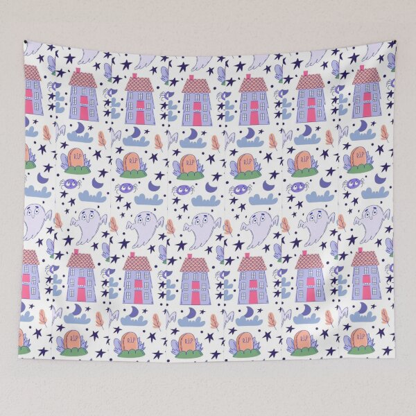 Item preview, Lilac,  blue, white, cute Halloween watercolor pattern, boo, witch, candy, bat, witch hat, pumpkin, latest Halloween bestselling, trending designed and sold by August-E.