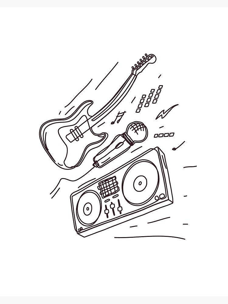 Music hand draw picture with a guitar ,microphone and DJ set.