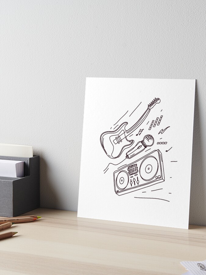 Music hand draw picture with a guitar ,microphone and DJ set.