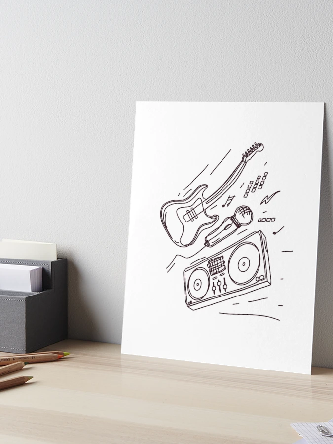 Music hand draw picture with a guitar ,microphone and DJ set.