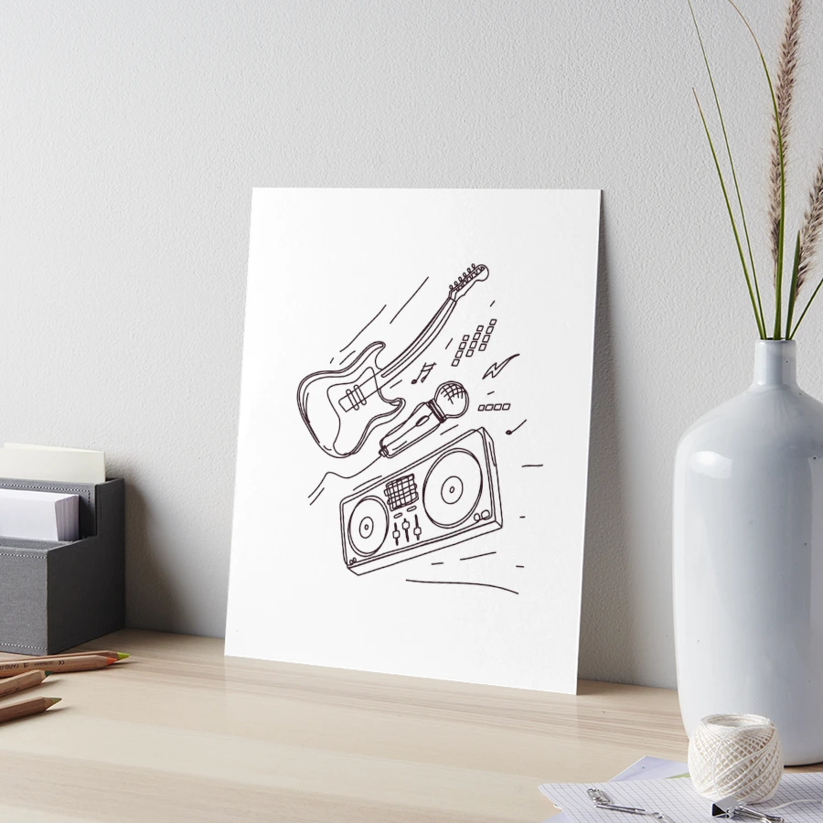 Music hand draw picture with a guitar ,microphone and DJ set.