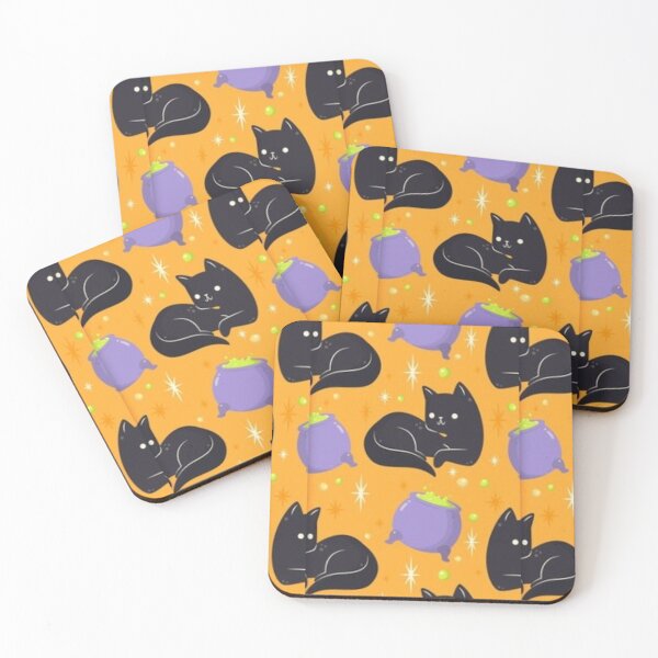 Item preview, Black cats, orange, purple, black, Cute Halloween watercolor pattern, boo, witch, eye, candy, bat, witch hat, pumpkin, latest Halloween bestselling, trending designed and sold by August-E.