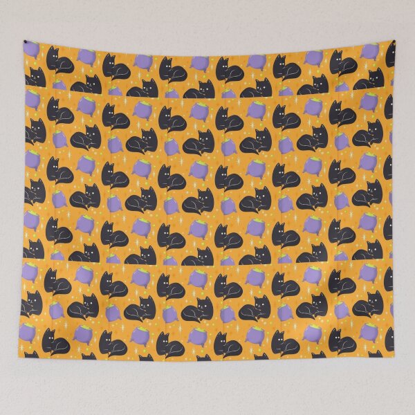Item preview, Black cats, orange, purple, black, Cute Halloween watercolor pattern, boo, witch, eye, candy, bat, witch hat, pumpkin, latest Halloween bestselling, trending designed and sold by August-E.