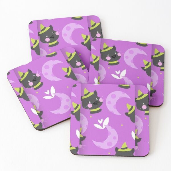 Item preview, Cute cat, purple moon, purple, green, black, white, Cute Halloween watercolor pattern, boo, witch, eye, candy, bat, witch hat, pumpkin, latest Halloween bestselling, trending designed and sold by August-E.