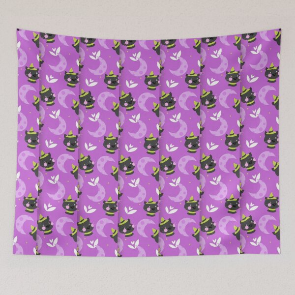 Item preview, Cute cat, purple moon, purple, green, black, white, Cute Halloween watercolor pattern, boo, witch, eye, candy, bat, witch hat, pumpkin, latest Halloween bestselling, trending designed and sold by August-E.