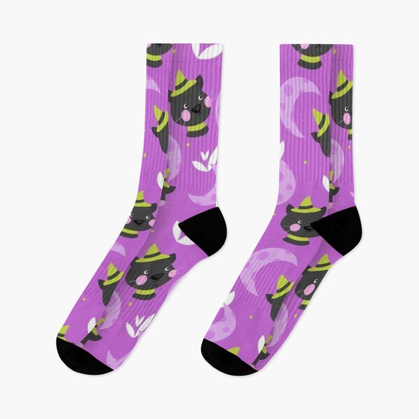 Item preview, Cute cat, purple moon, purple, green, black, white, Cute Halloween watercolor pattern, boo, witch, eye, candy, bat, witch hat, pumpkin, latest Halloween bestselling, trending designed and sold by August-E.