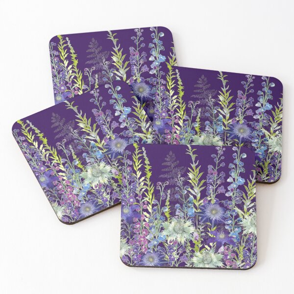 Purple Clematis Flowers, Eryngiums & Delphiniums Coasters (Set of 4)