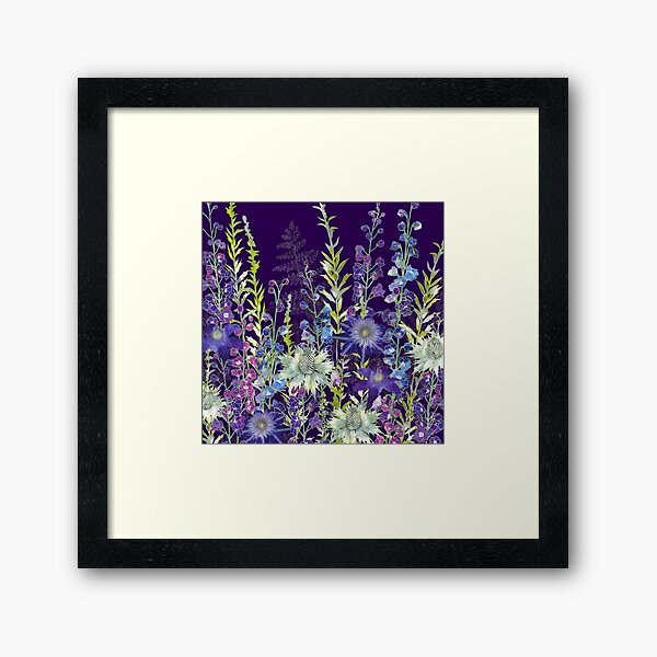 Purple Clematis Flowers, Eryngiums & Delphiniums Framed Art Print