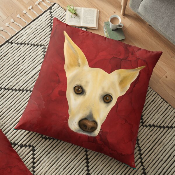 White Dog Portrait on Red Artistic Background Floor Pillow