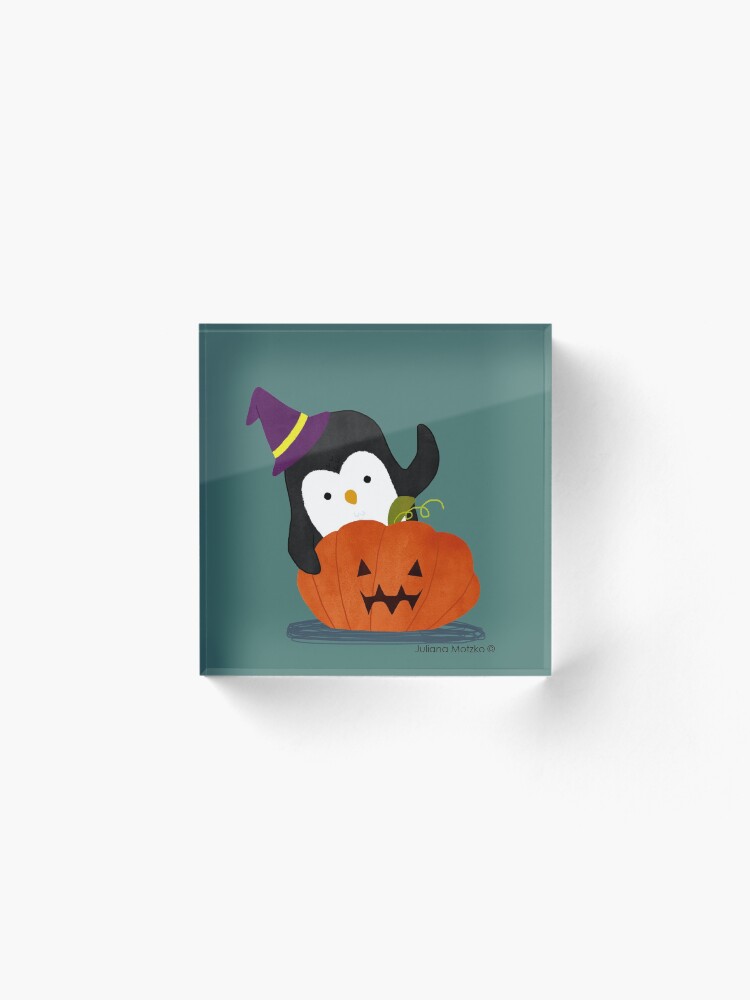 Alternate view of Penguin with Halloween Pumpkin Acrylic Block