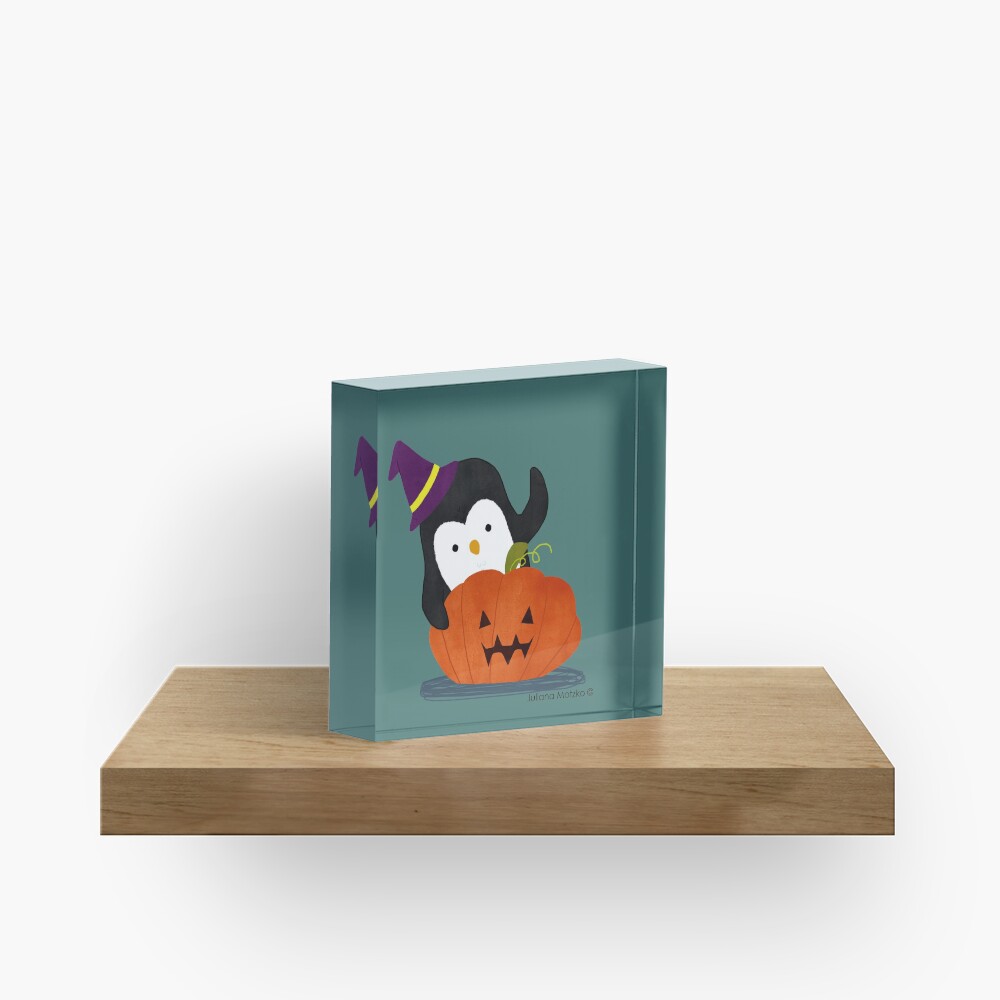 Penguin with Halloween Pumpkin Acrylic Block