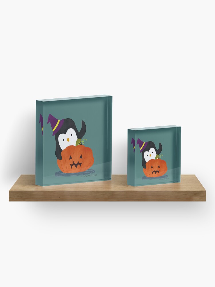 Alternate view of Penguin with Halloween Pumpkin Acrylic Block